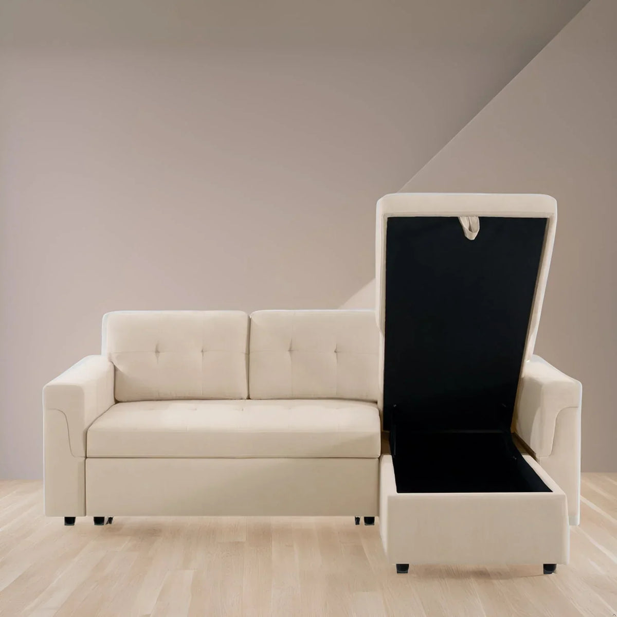 Canapé d’angle convertible et réversible avec lit escamotable, méridienne avec rangement dissimulé et pieds robustes