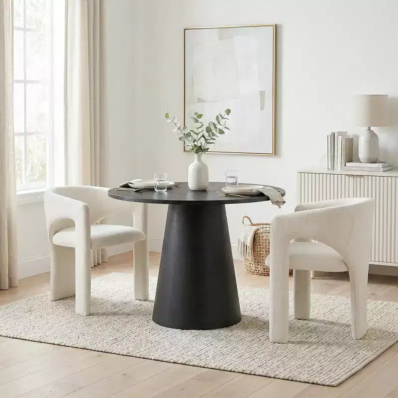 Kleines Esszimmerset für 2 Personen, beige gepolsterte Stühle, runder Esstisch mit Säulenfuß, kompakte moderne Küchenmöbel-Panipeachy