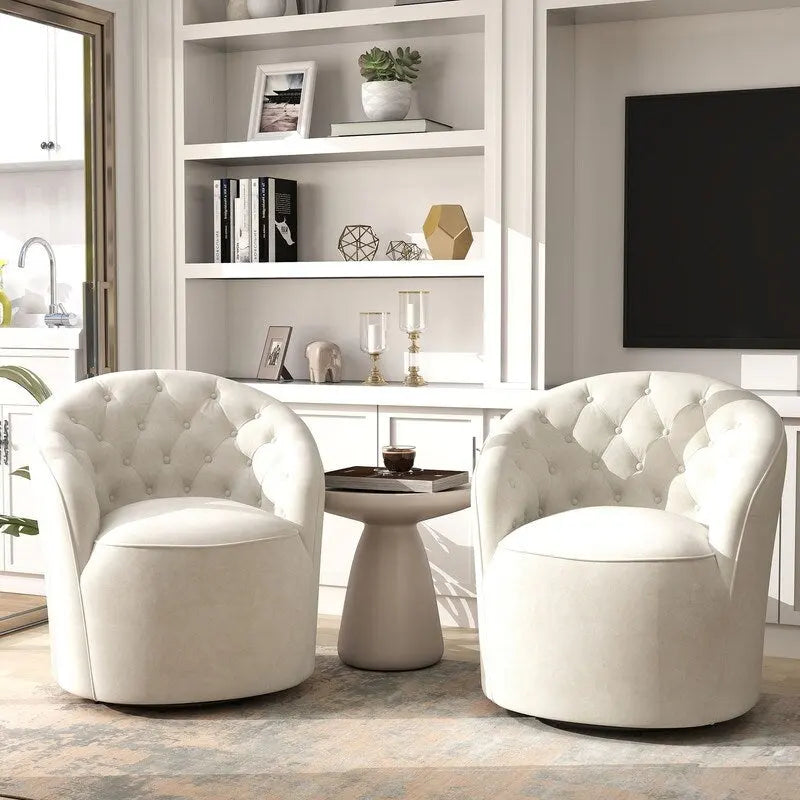 Lot de 2 fauteuils tonneaux modernes pivotants à 360 degrés, revêtement en velours et dossier capitonné à boutons SEYNAR