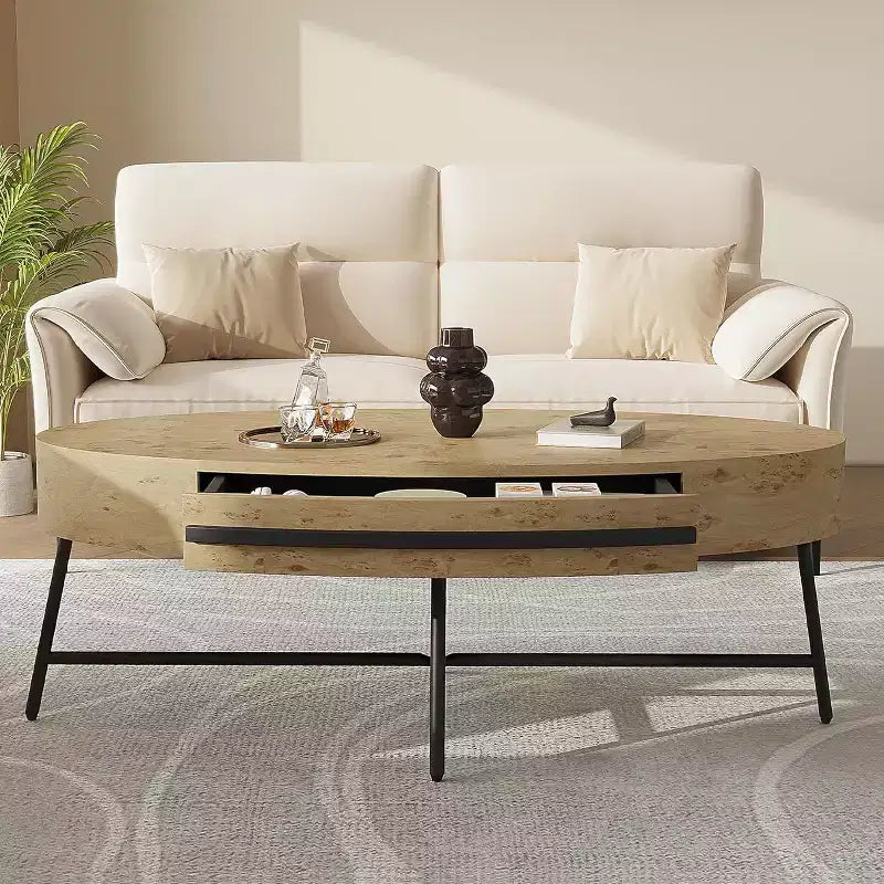 Acekool ovale salontafel met lade, houten opbergtafel van 47.2 met metalen kruispoten, modern tafelblad uit het midden van de vorige eeuw in naturel en gouden wilg