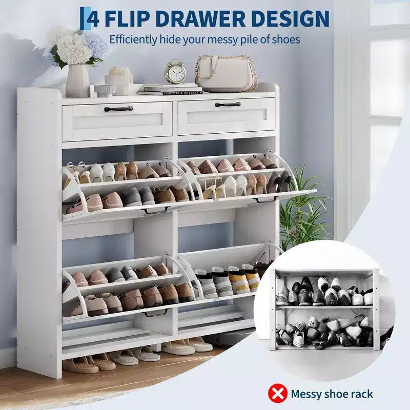 Schoenenkast met 4 klepdeuren en 2 bovenladen, houten schoenenkast met verstelbare plank, vrijstaand schoenenopbergmeubel