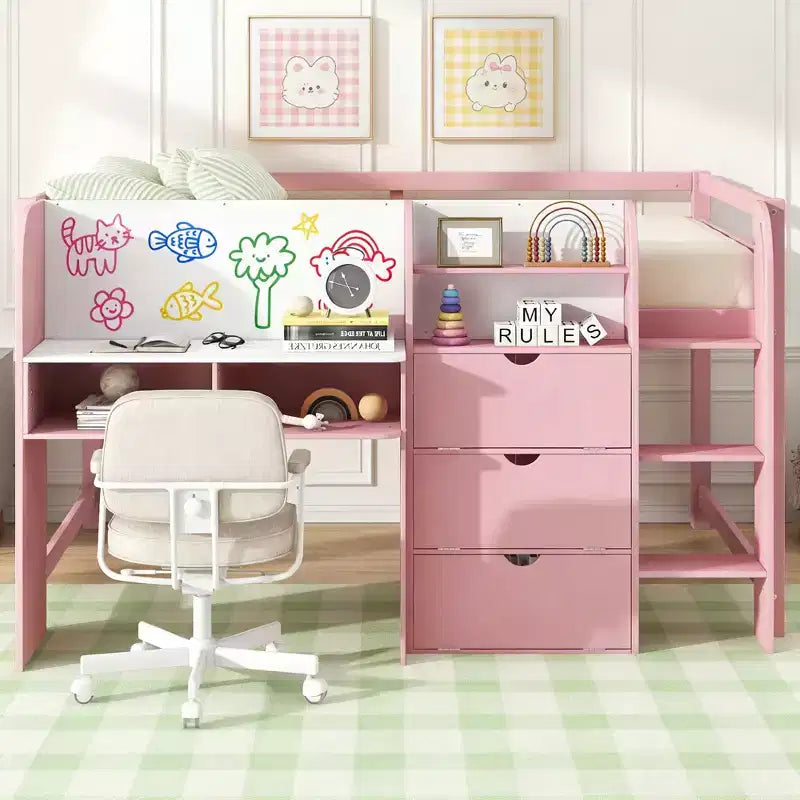 Pink/White Low Loft Bed with Desk, Storage & Whiteboard ?C Twin, 1-Person