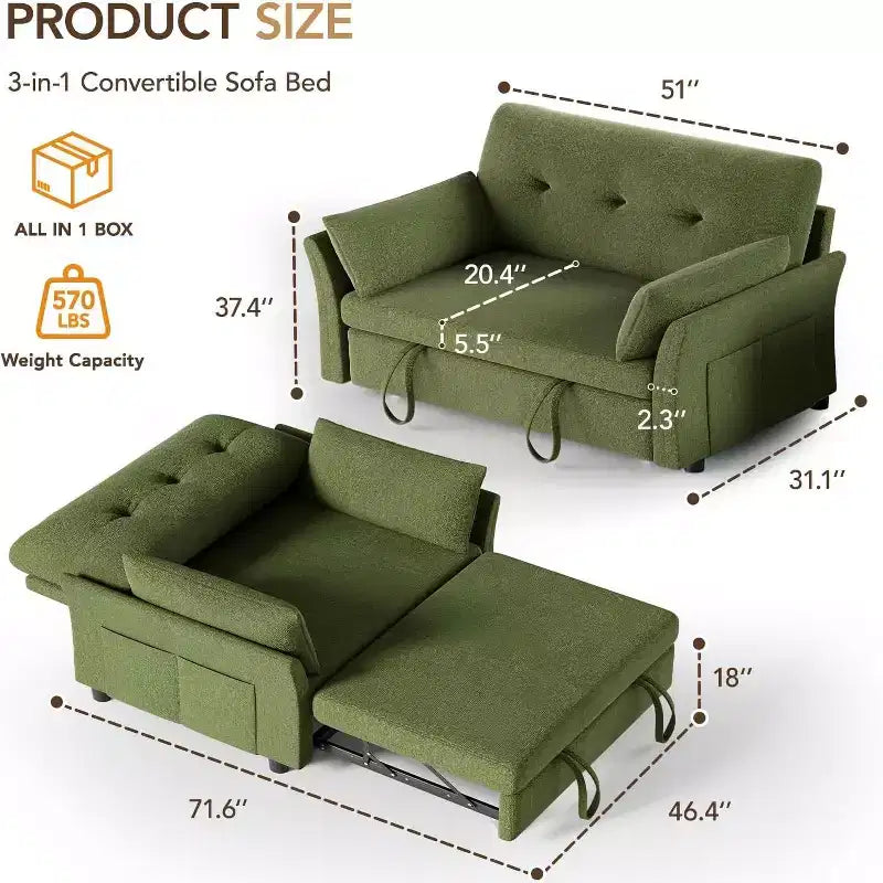 Dyonery 3-in-1-Schlafsofa, ausziehbares Schlafsofa mit Seitentasche und verstellbarer Rückenlehne, werkzeugloser Aufbau, klappbares Zweisitzersofa