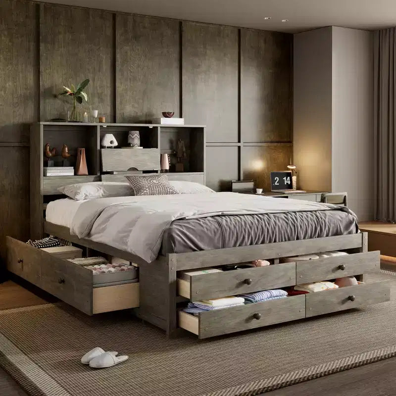 Queen-Size-Platformbett mit Ablage und 8 Schubladen, einfacher Aufbau