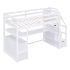 Twin Size Loft Bed with Desk and Shelves, Two Built-in Drawers, Storage Staircase
