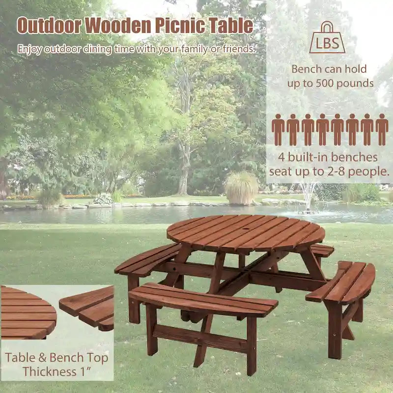 Ronde picknicktafelset van sparrenhout voor 8 personen, voor buiten, met 4 ingebouwde banken en parasolgat