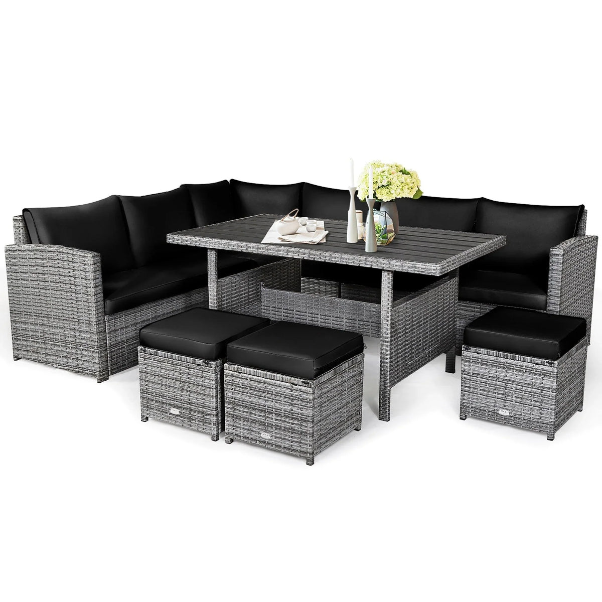 Costway 7-delige diningset van rotan voor het terras, modulaire bank, sofa en voetenbank - bekijk de details