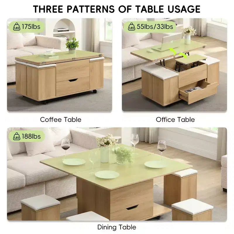 Multifunktionaler moderner Couchtisch mit Hubplatte und verstecktem Stauraum, 4 Hockern und Rollen, perfekt für moderne Wohnräume