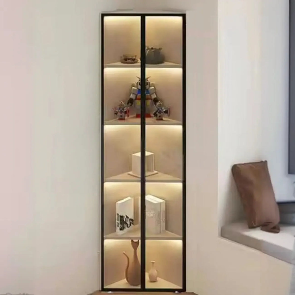 Vitrine d'angle moderne en métal et bois gris avec porte vitrée