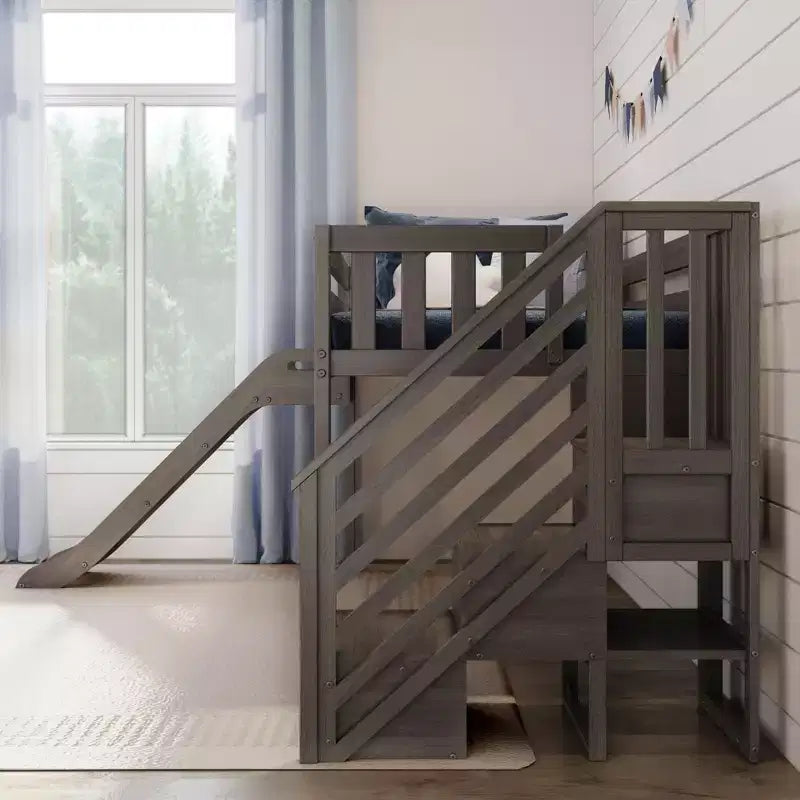 Kinder-Hochbett, niedrig, für Einzelmatratze, mit Rutsche und Treppe, Massivholz, 14 Schutzgittern, Tragkraft 400 lb