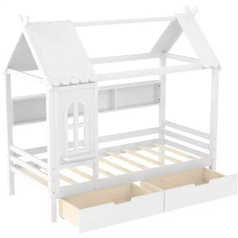 Huisbed met opberglades en raam, frame van massief hout met planken, speels kinderontwerp, lichtwit