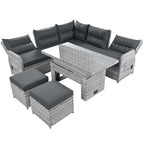 Tuinmeubelset van rotan met verstelbare tafel, verstelbare fauteuils en 2 voetenbanken