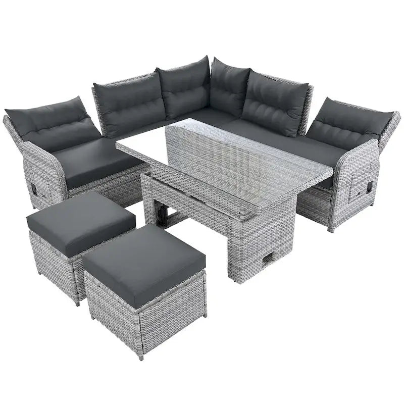 Tuinmeubelset van rotan met verstelbare tafel, verstelbare fauteuils en 2 voetenbanken
