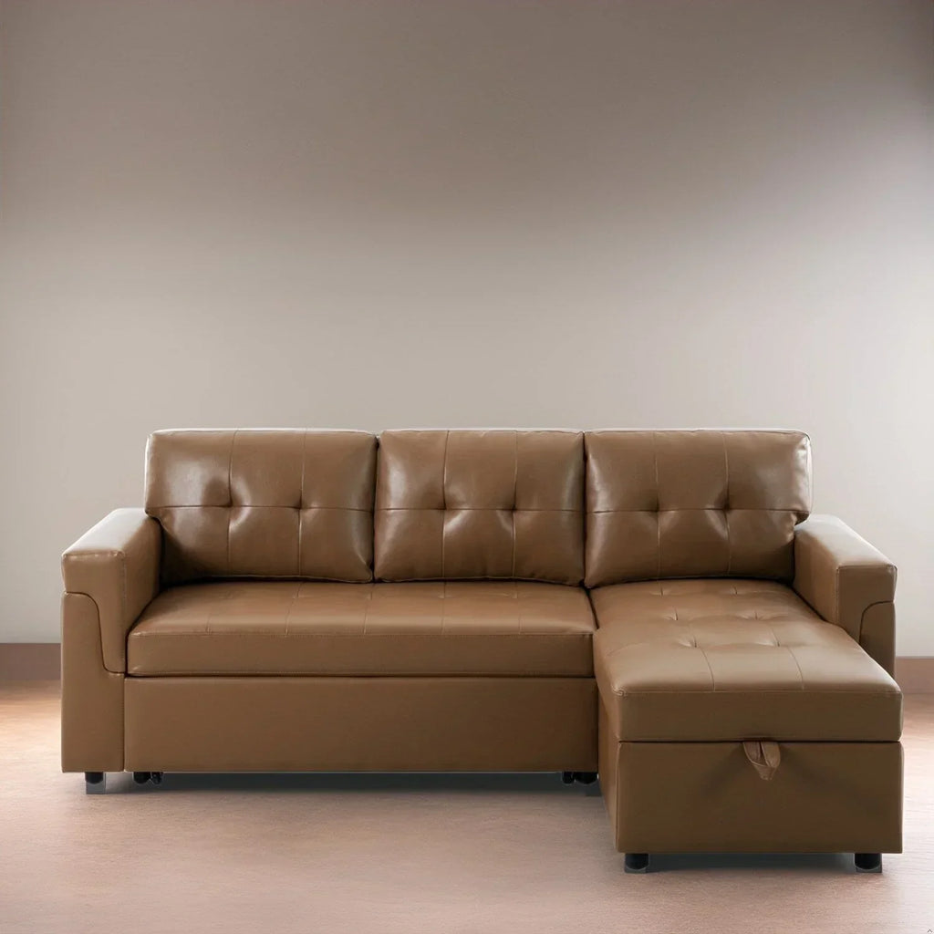 Canapé d’angle convertible et réversible avec lit escamotable, méridienne avec rangement dissimulé et pieds robustes
