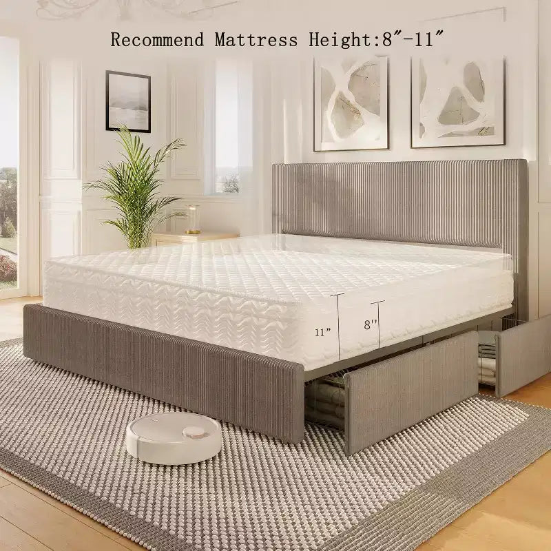 CuisinSmart bedframe van ribfluweel met hoofdbord, gestoffeerd platformbedframe met 4 opbergladen en houten lattenbodem