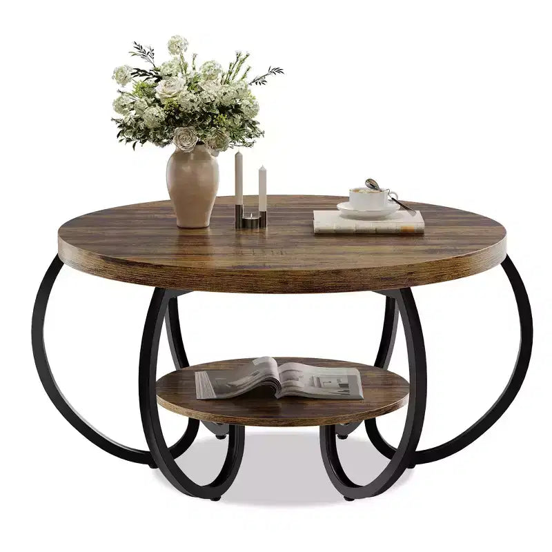 Runder Couchtisch im Industrial-Stil, 30 Inch, 2 Ablagen, verstellbare Füße, Ablage in Holzoptik, Flammendesign, einfacher Aufbau, Wohnzimmer