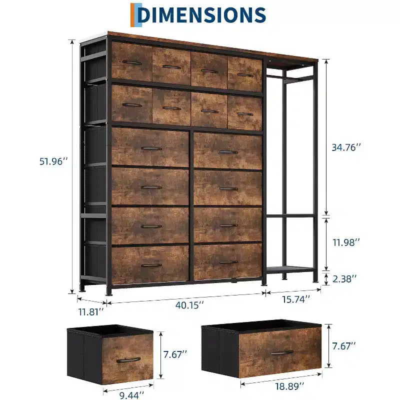 Kommode mit 16 Schubladen, Kleiderstange und Regalen, Stoff-Aufbewahrungsorganizer für Schlafzimmer, Kleiderschrank oder Eingangsbereich