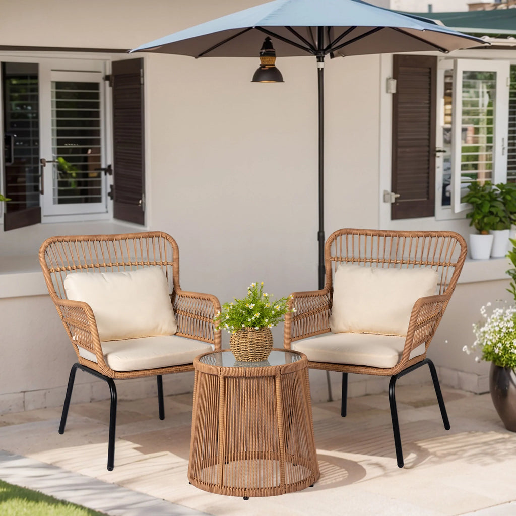 3-teiliges Outdoor-Bistroset aus Korbgeflecht, wetterfeste Rattan-Gartenmöbel mit Stühlen und Kissen