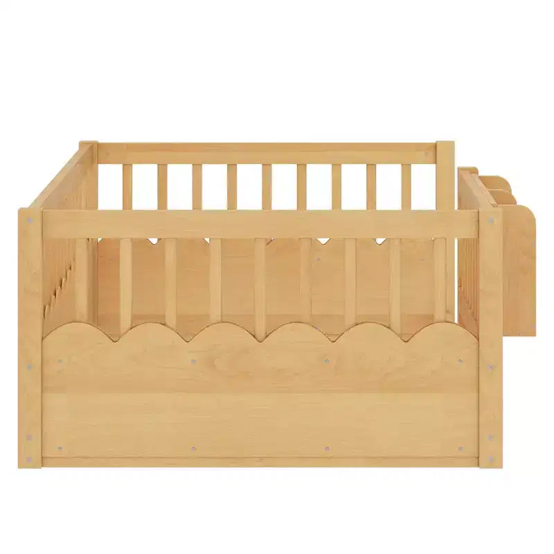 Bellemave-Kinderbodenbett mit erhöhtem Rausfallschutz und Bücherregal, hölzernes Montessori-Einzelbettgestell für Mädchen und Jungen