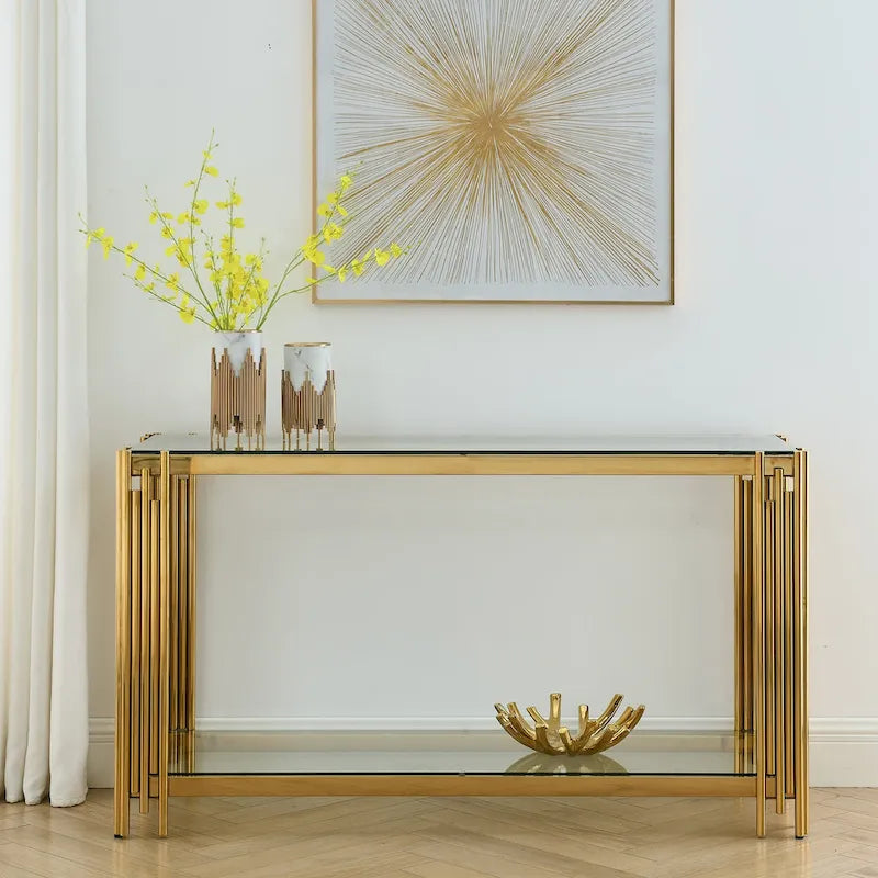 Narrow 2-tier Console Table with Gold Finished Metal Frame and Tempered Glass Top