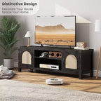 65-Zoll-TV-Ständer im Bohème-Stil mit Rattantür - Unterhaltungscenter aus Holz mit zwei Schränken und verstellbaren Einlegeböden, geeignet für Wohnzimmer