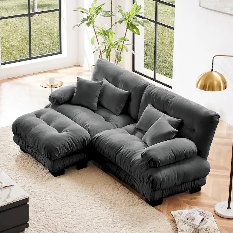 L-vormige loveseat, hoekbank van chenille met lendenkussens