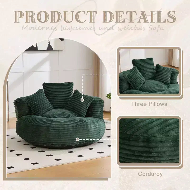 Sofa typu bean bag dla dorosłych i dzieci, duży fotel typu bean bag z sztruksu, 3 poduszkami i podłokietnikami do salonu lub sypialni
