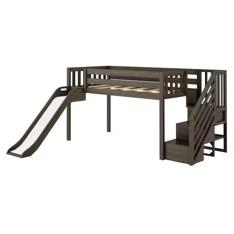 Kinder-Hochbett, niedrig, für Einzelmatratze, mit Rutsche und Treppe, Massivholz, 14 Schutzgittern, Tragkraft 400 lb