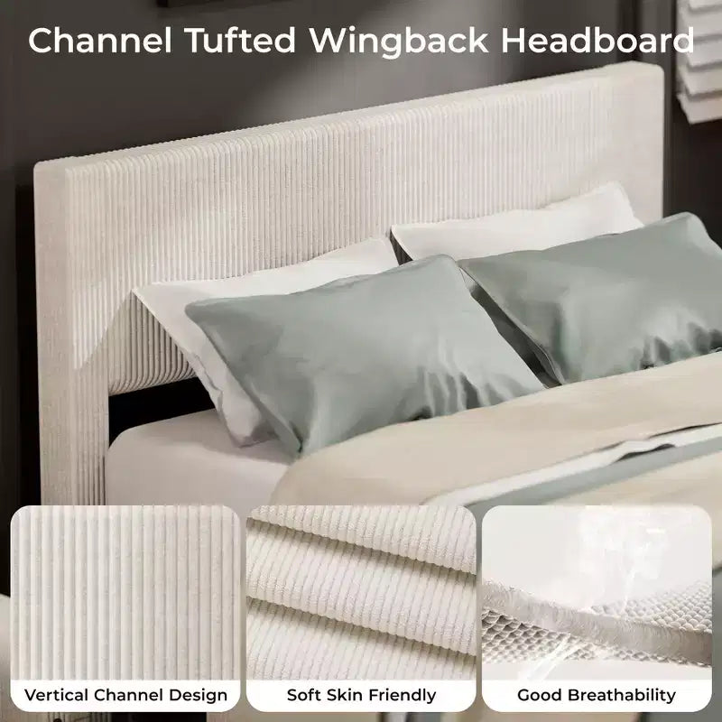 CuisinSmart bedframe van ribfluweel met hoofdbord, gestoffeerd platformbedframe met 4 opbergladen en houten lattenbodem