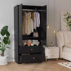 Moderne houten kledingkast van 71 inch voor de slaapkamer, met 2 deuren, 2 laden, verstelbare planken, opbergkast voor kleding en kledingroede