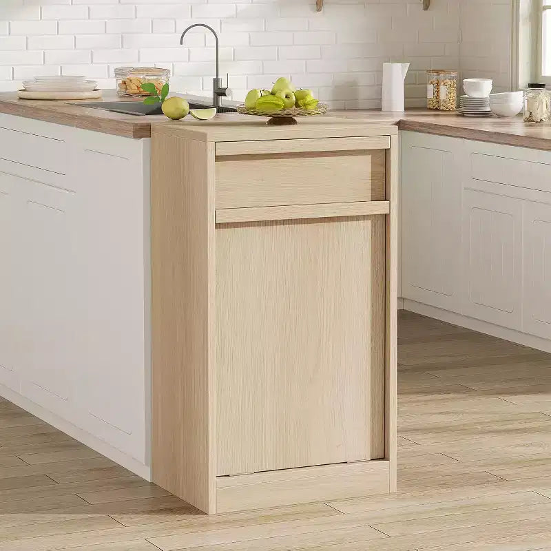 Kippbarer Mülleimer, natürliche Eiche, Mülleimer mit Stauraum und Schublade, versteckter Abfallschrank, Wäschekorb für Küche, Esszimmer und Wohnzimmer