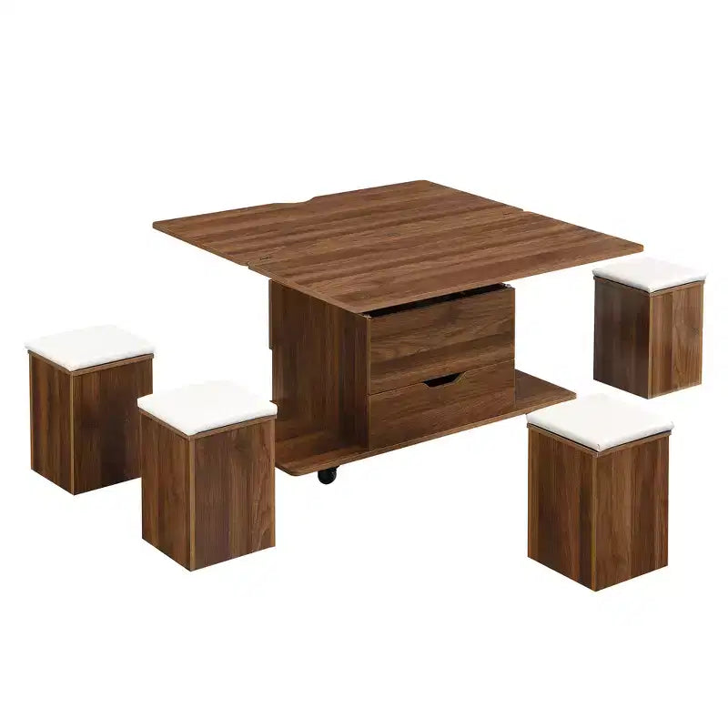 Multifunktionaler moderner Couchtisch mit Hubplatte und verstecktem Stauraum, 4 Hockern und Rollen, perfekt für moderne Wohnräume