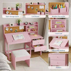 Ensemble bureau et chaise pour enfant, table d’étude en bois avec plateau inclinable réglable, tiroirs et tableau en liège - Ensemble de bureau scolaire pour enfants