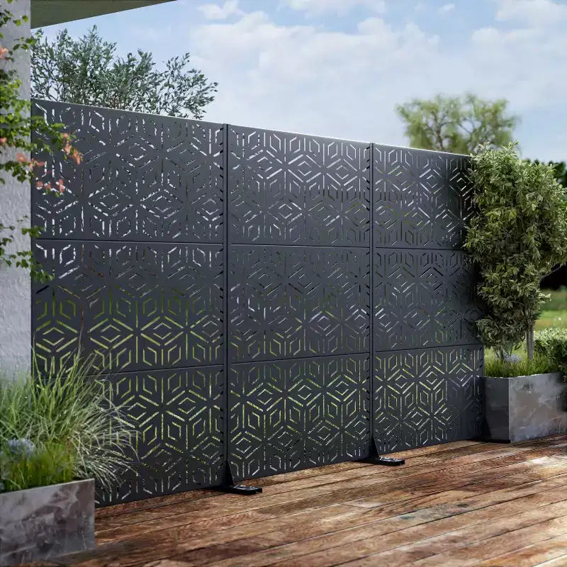 Kamerscherm met 3 panelen en geometrisch patroon ?C zwart gegalvaniseerd staal