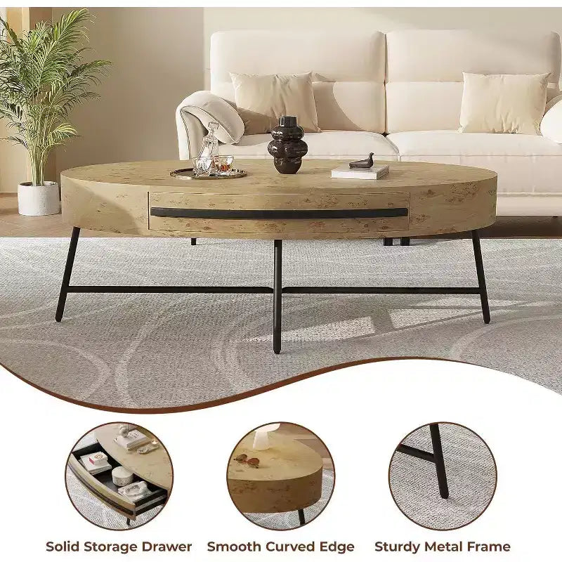 Acekool ovale salontafel met lade, houten opbergtafel van 47.2 met metalen kruispoten, modern tafelblad uit het midden van de vorige eeuw in naturel en gouden wilg