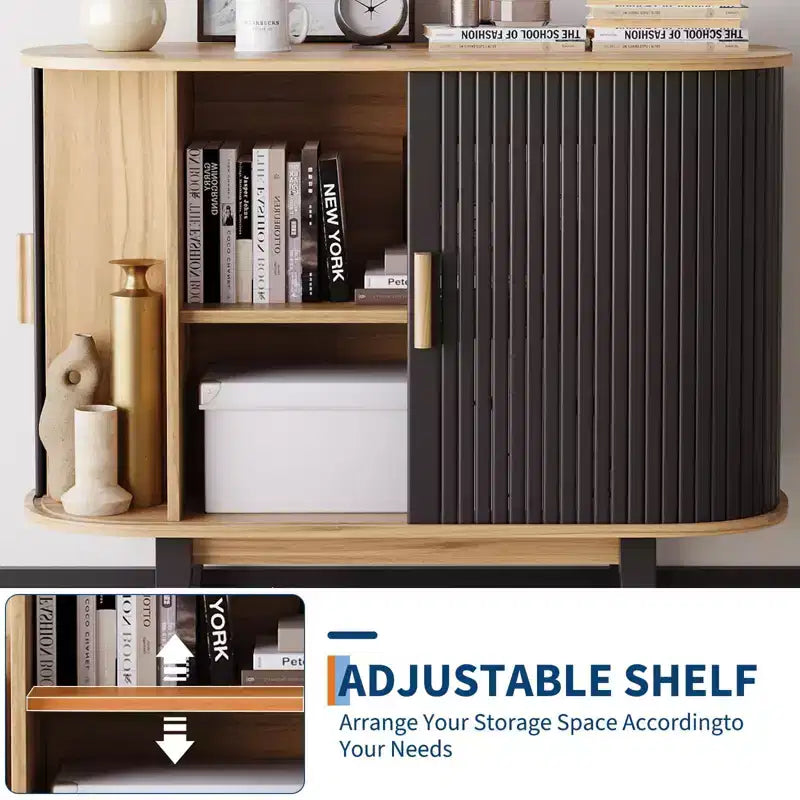 40' geripptes Sideboard, Stauraumschrank mit Schiebetür und verstellbarem Einlegeboden, moderne Anrichte, Stauraumschränke, Rolltür-Bartisch