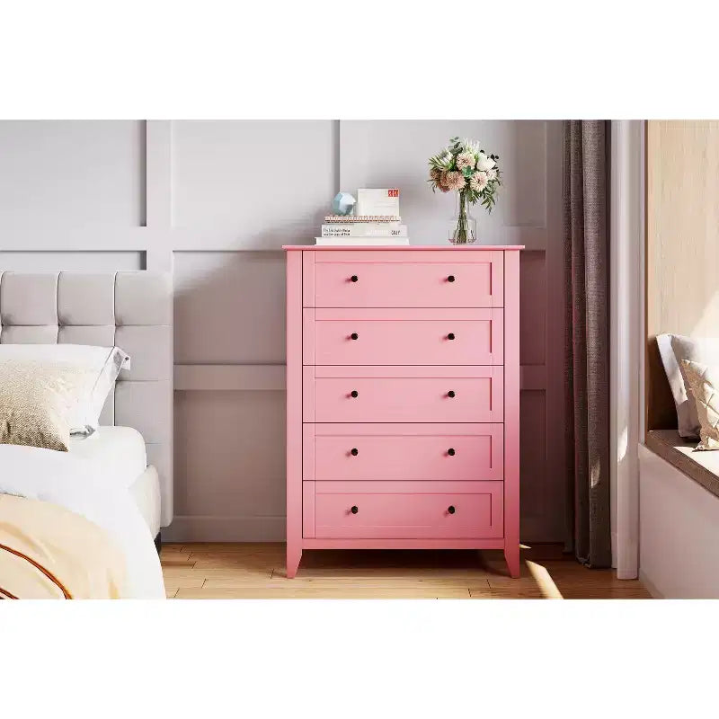 Kommode mit 5 Schubladen, 42.5 Zoll hoch, für das Schlafzimmer, Holzschrank mit 11.9 Zoll tiefen Schubladen und goldenen Metallgriffen, ideal für Eingangsbereich oder Flur