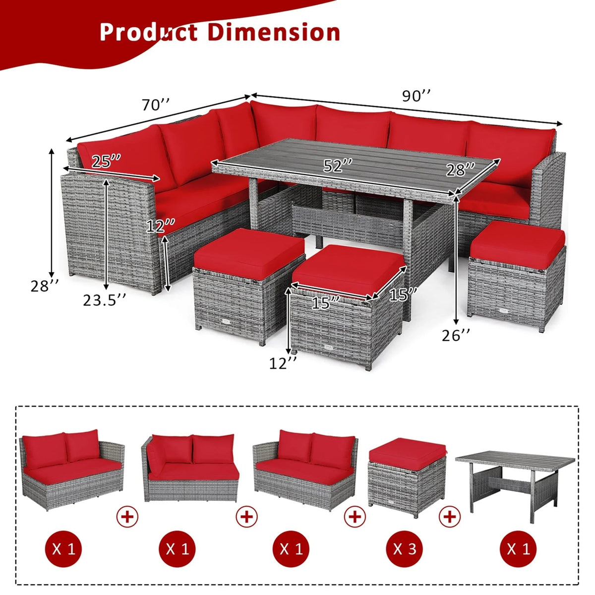Costway 7-delige diningset van rotan voor het terras, modulaire bank, sofa en voetenbank - bekijk de details