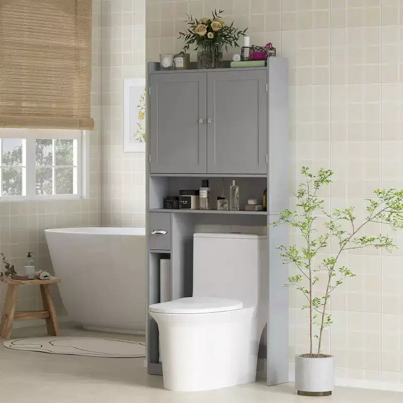 HOMCOM opbergkast boven het toilet, moderne badkamerorganizer met 2 deuren, toiletrolhouder en vrijstaand ruimtebesparend ontwerp