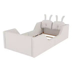 Lit plateforme simple Whisen, cadre de lit rembourré pour enfant au ras du sol avec coussin lapin et barrières latérales amovibles