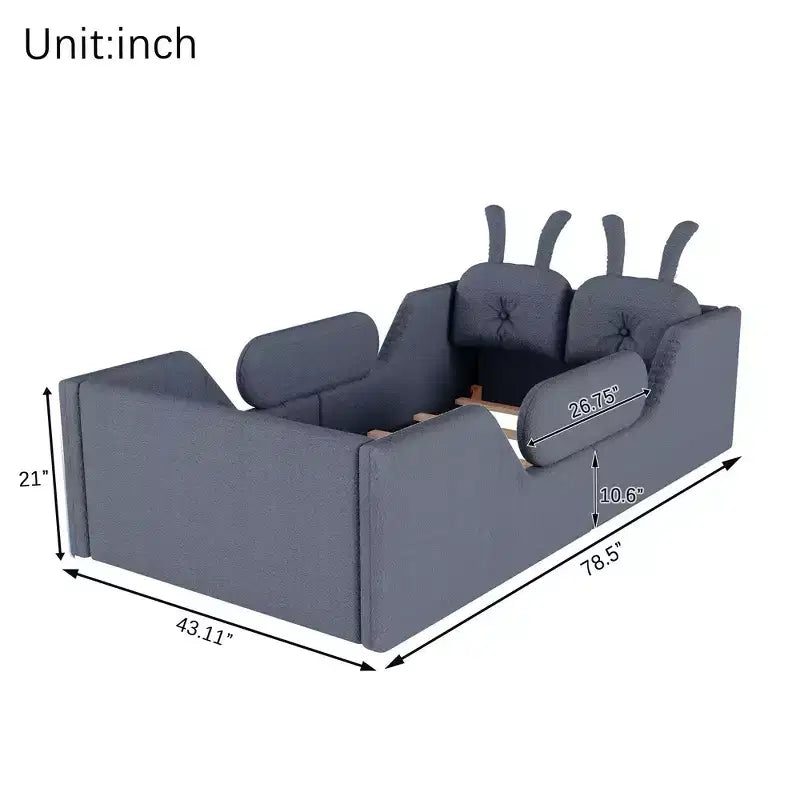 Lit plateforme simple Whisen, cadre de lit rembourré pour enfant au ras du sol avec coussin lapin et barrières latérales amovibles