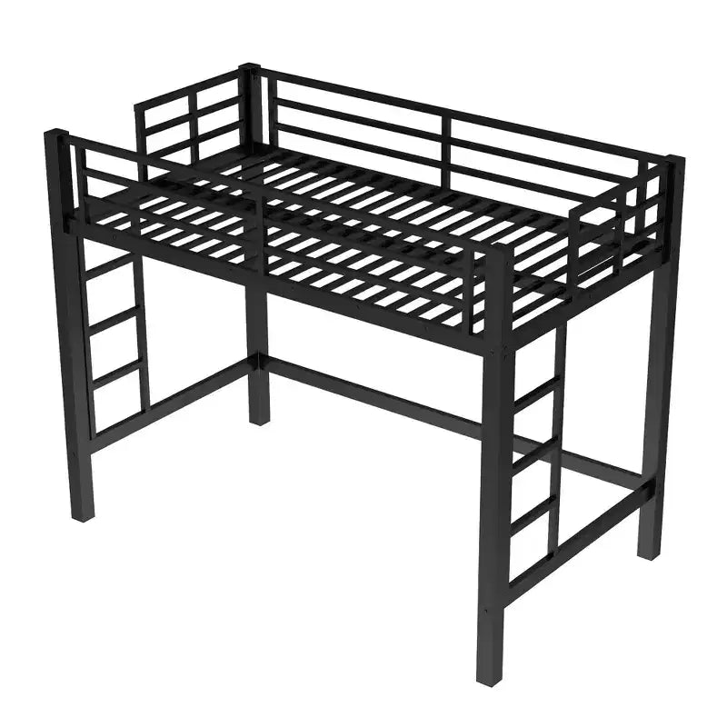Metall-Hochbett, platzsparender Bettrahmen mit zwei Leitern und Absturzsicherungen, Schwarz - ModernLuxe