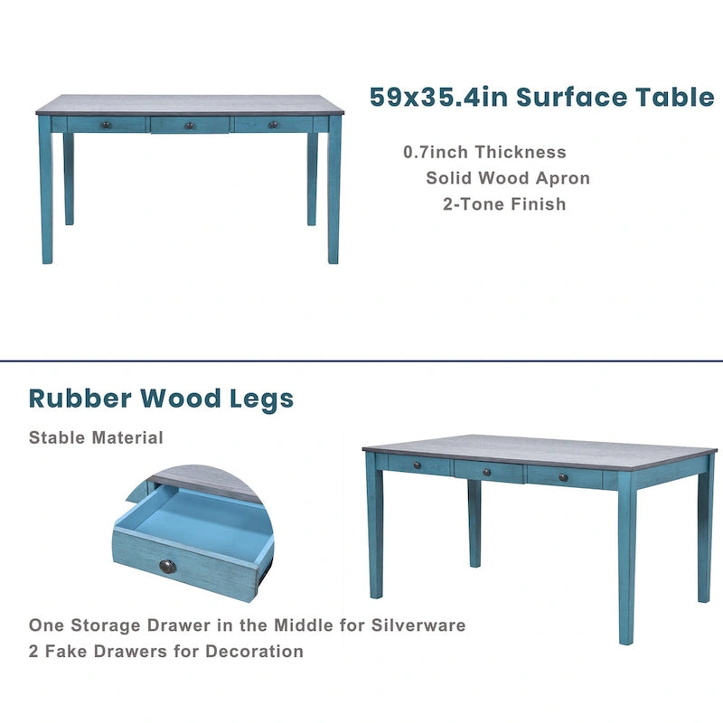 Eetkamerset van hout, 6-delig, met 4 stoelen en een bankje, tafel met lade