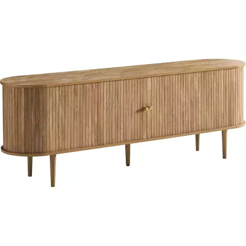 AMERLIFE 70-Zoll-TV-Ständer mit Massivholzbeinen, moderne TV-Konsole im Mid-Century-Stil mit Lamellentür