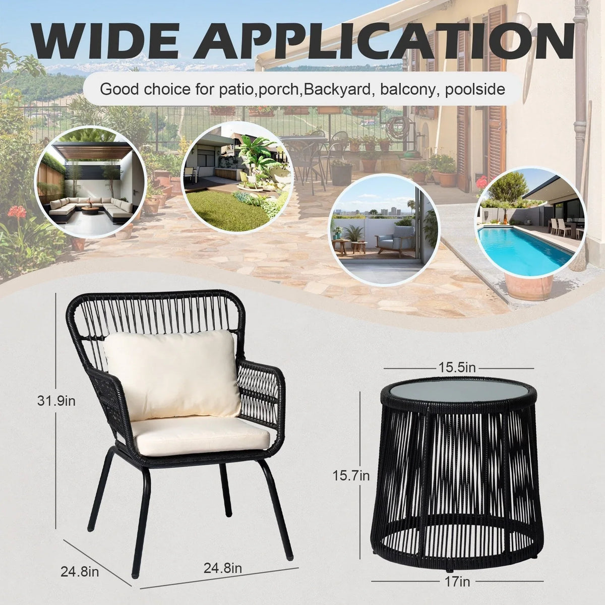 3-teiliges Outdoor-Bistroset aus Korbgeflecht, wetterfeste Rattan-Gartenmöbel mit Stühlen und Kissen