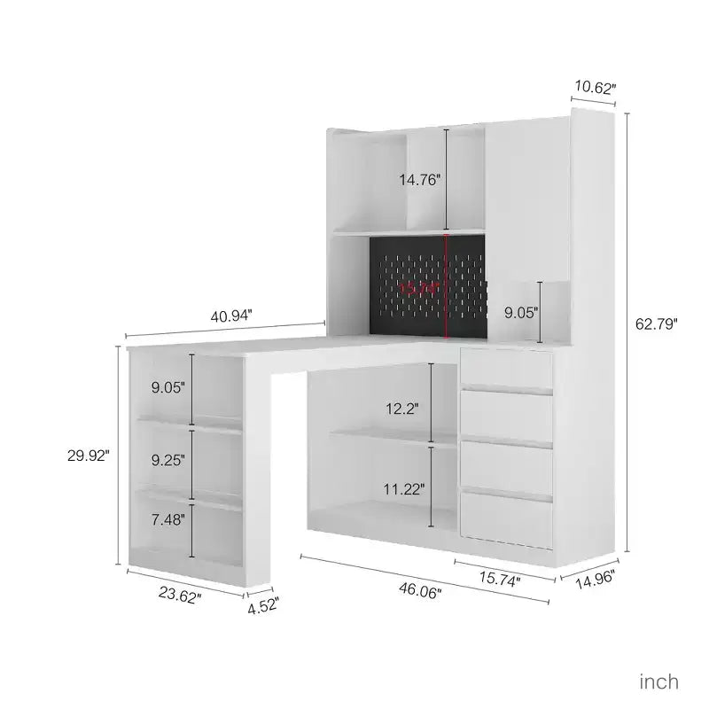 Hoekbureau in L-vorm van 46 inch met boekenkast en lades