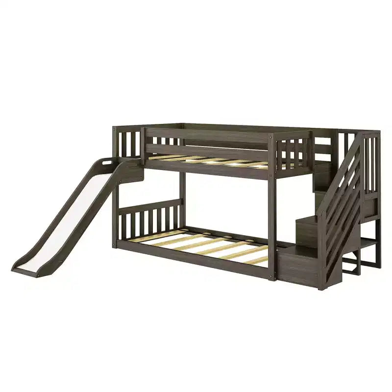 Niedriges Etagenbett, 90 x 190 cm, mit Treppe, Rutsche und Feuerwehrauto-Vorhang