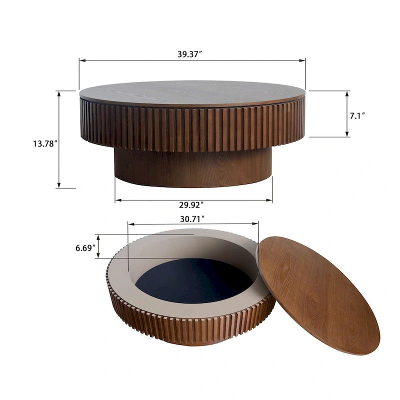 Moderne ronde salontafel van gefineerd massief hout met opbergruimte
