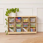 Meuble mobile à casiers avec plateau et 15 bacs à façade incurvée, 3x4, mobilier pour enfants
