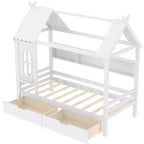 Huisbed met opberglades en raam, frame van massief hout met planken, speels kinderontwerp, lichtwit